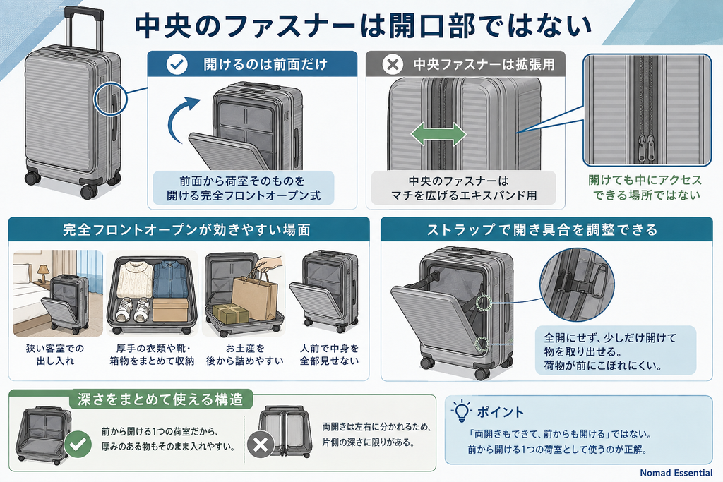 中央のファスナーは開口部ではない