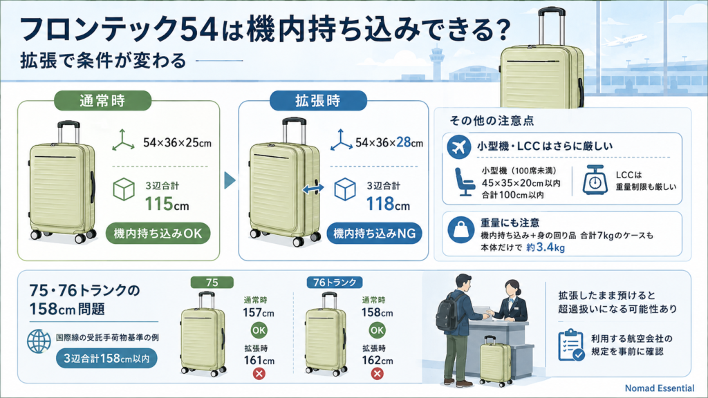 フロンテック54は機内持ち込みできる? 拡張で条件が変わる