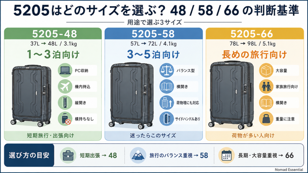 5205はどのサイズを選ぶ? 48/58/66の判断基準
