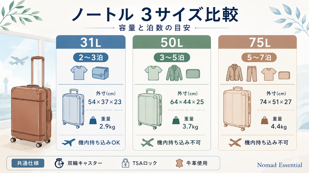 3サイズのスペックと何泊向けかを比較