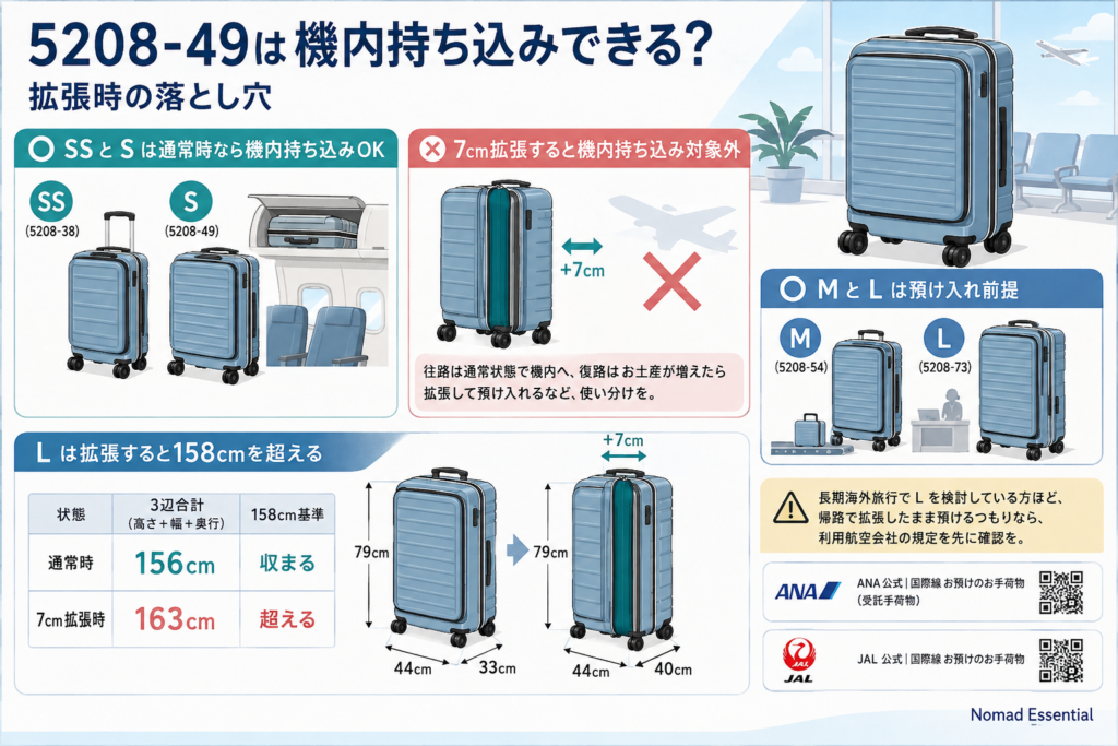 5208-49は機内持ち込みできる? 拡張時の落とし穴