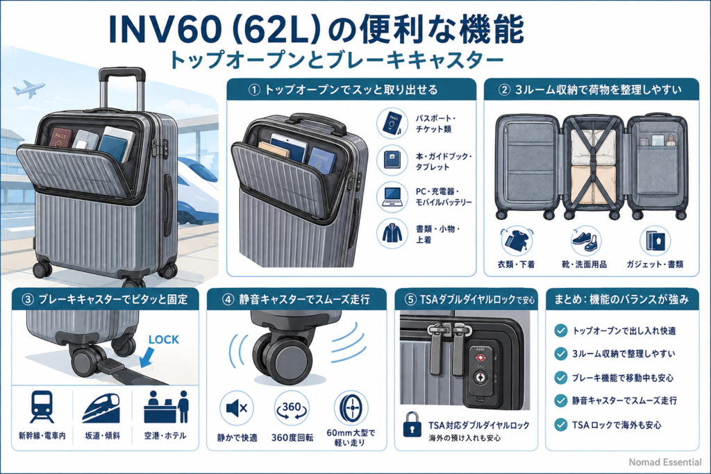 INV60 (62L) の便利な機能 — トップオープンとブレーキキャスター