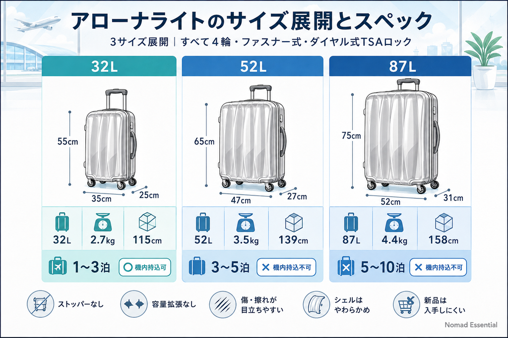 アローナライトのサイズ展開とスペック