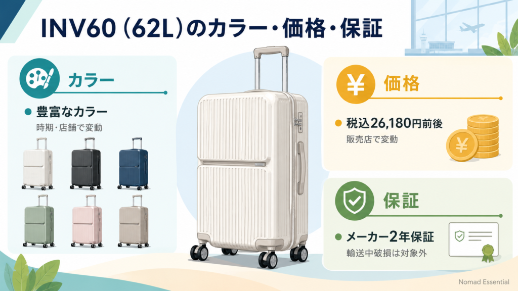 INV60 (62L) のカラー・価格・保証