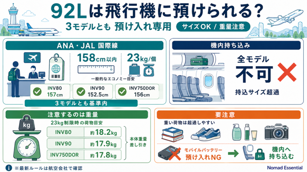 92L は飛行機に預けられる? 航空会社別ルール