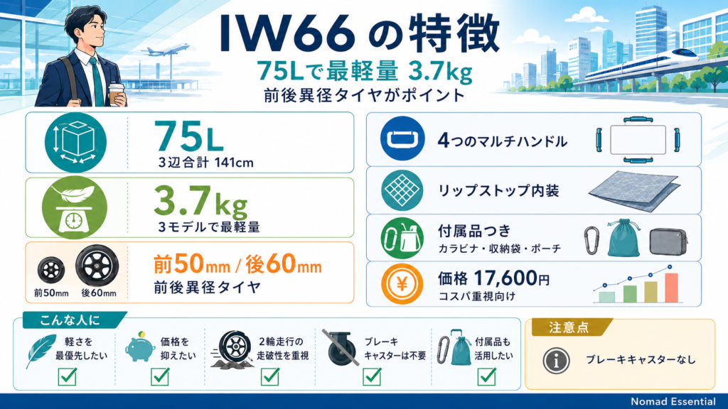 IW66の特徴 — 75L で最軽量 3.7kg + 前後異径タイヤ