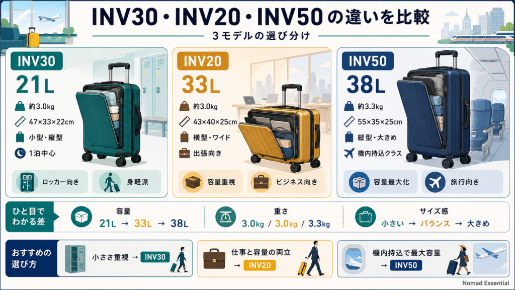 INV30 (21L)・INV20 (33L)・INV50 (38L) の違いを比較