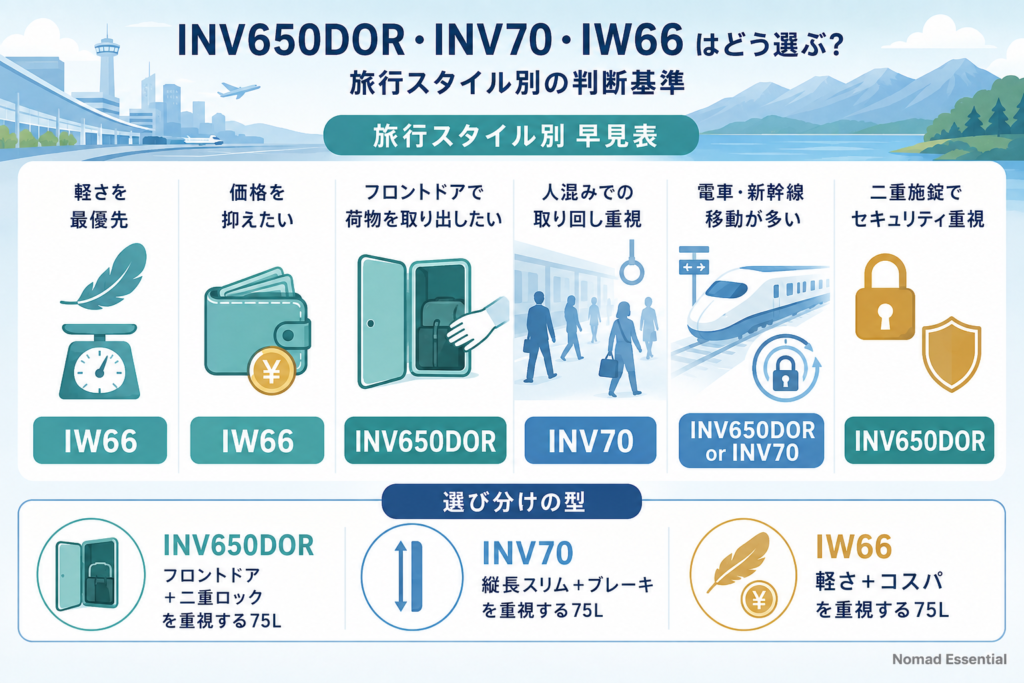 INV650DOR・INV70・IW66 はどう選ぶ? 旅行スタイル別の判断基準