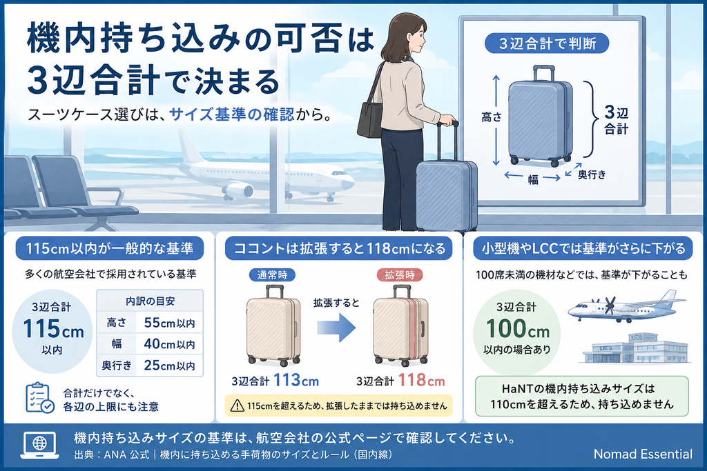 機内持ち込みの可否は3辺合計で決まる