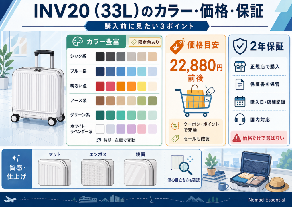 INV20 (33L) のカラー・価格・保証
