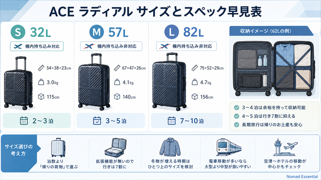 ラディアルのサイズ展開とスペック