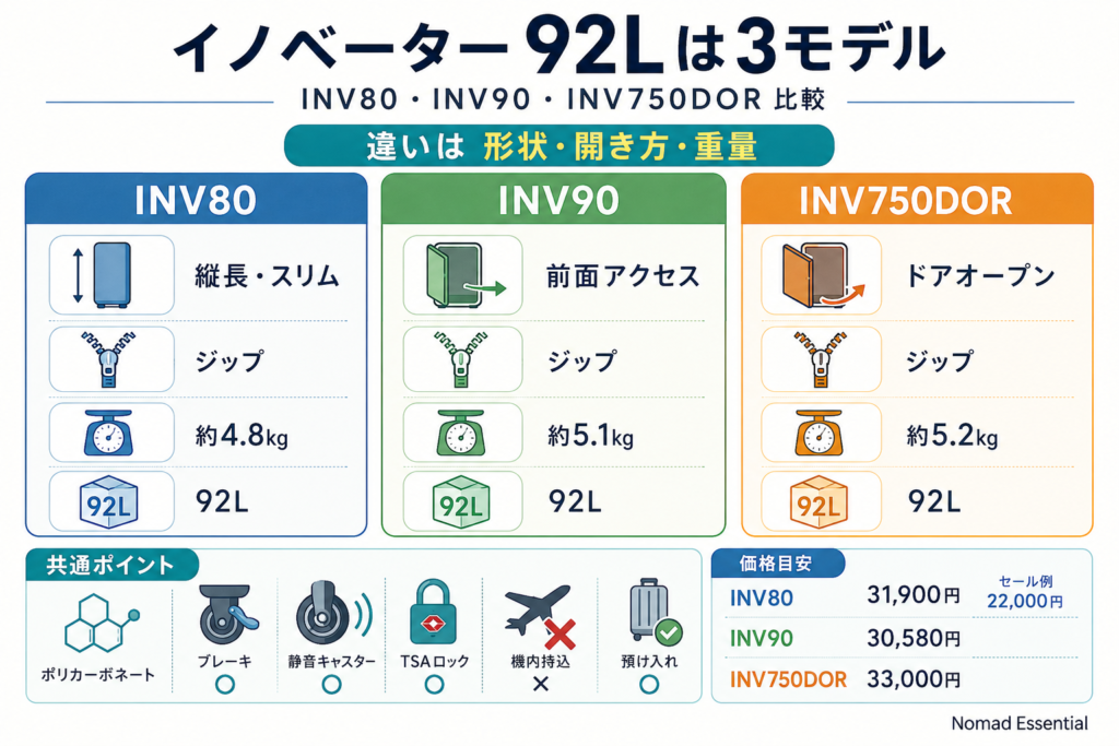 イノベーターのスーツケース92Lは INV80・INV90・INV750DOR の3モデル