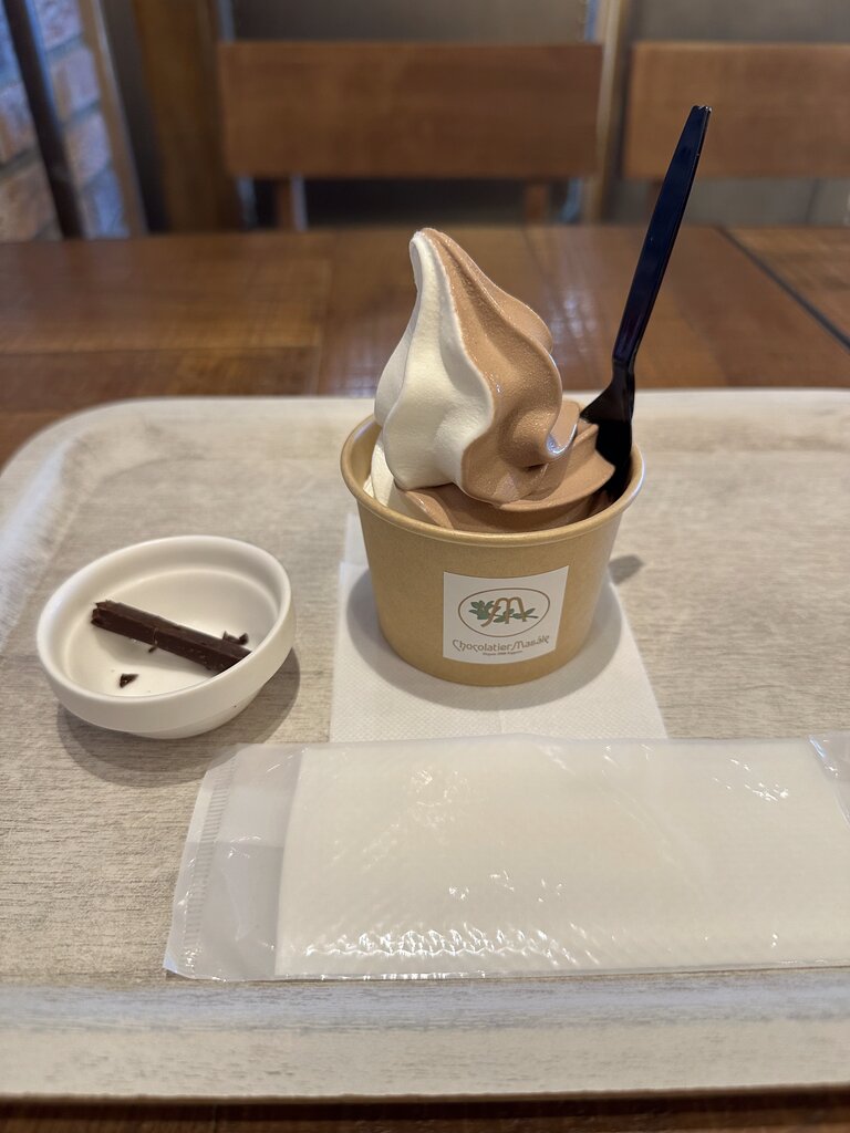 搭乗待合でソフトクリームを食べました。バニラとチョコのミックスで、オレンジピューレチョコもおまけで付いてきます。暑い日のソフトクリームは格別ですね。