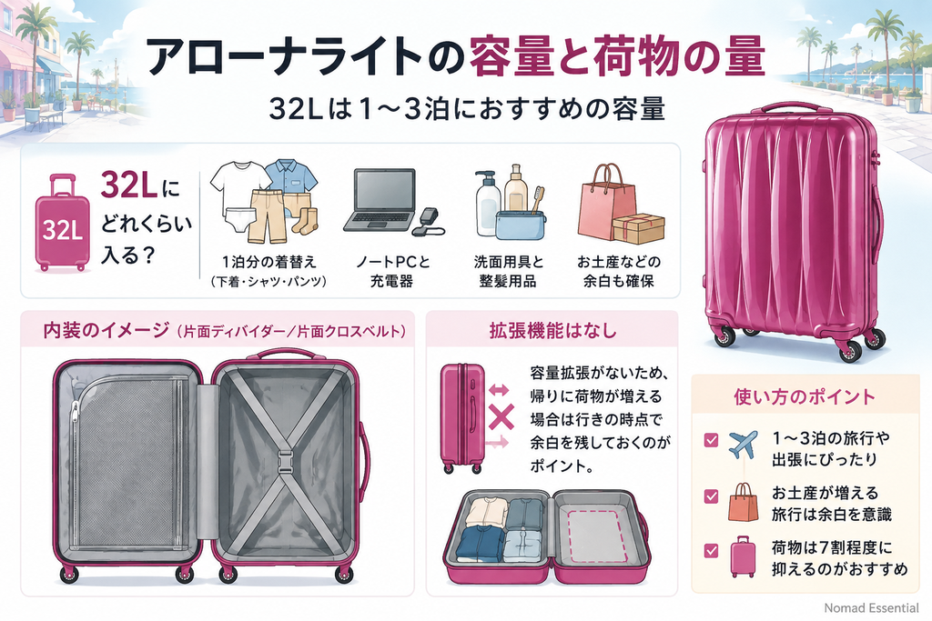 アローナライトの容量と荷物の量