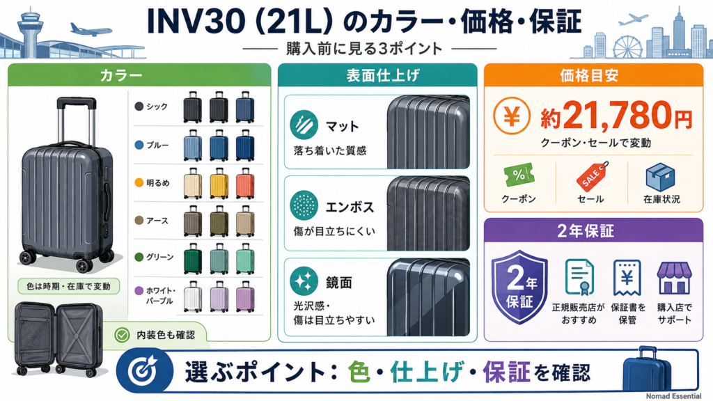 INV30 (21L) のカラー・価格・保証