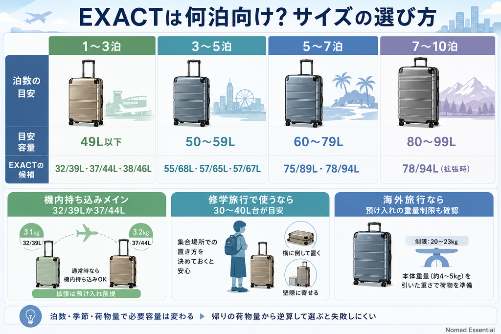 EXACTは何泊向け? サイズの選び方