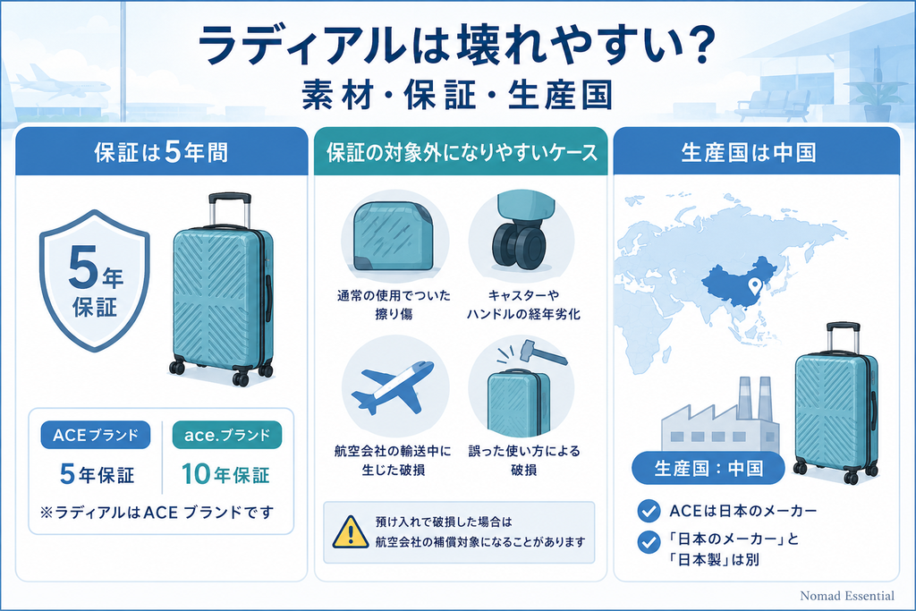 ラディアルは壊れやすい? 素材・保証・生産国について