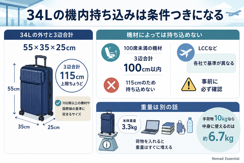 34Lの機内持ち込みは条件つきになる