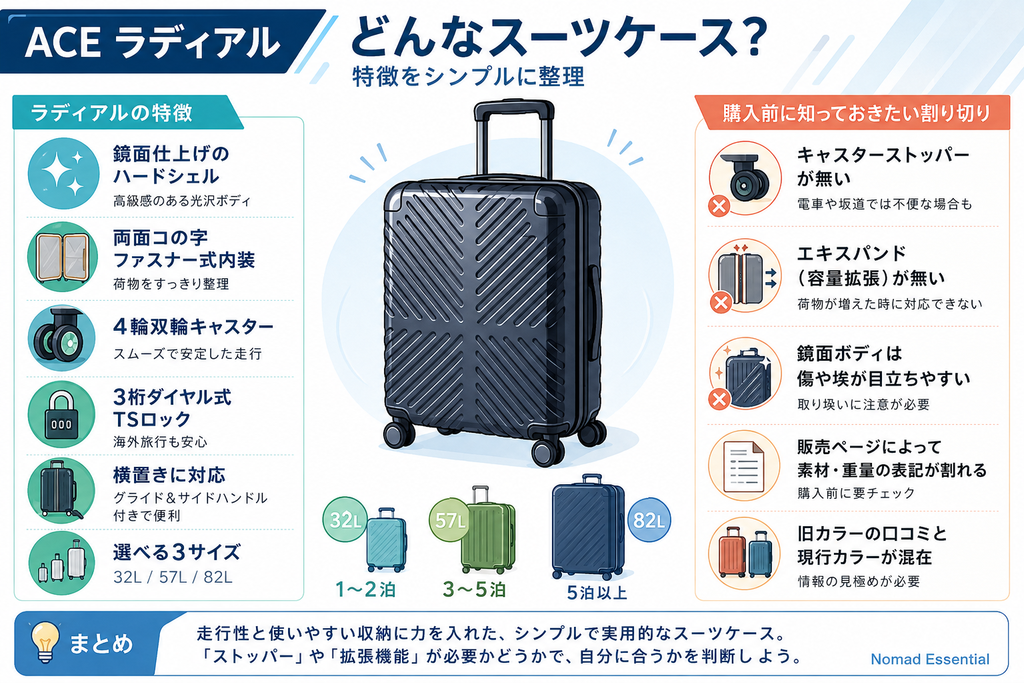 ACE ラディアルはどんなスーツケース? 特徴を先に整理