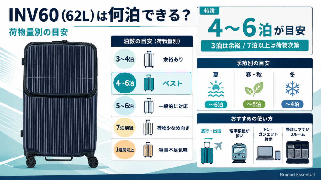 INV60 (62L) は何泊できる? 荷物量別の目安