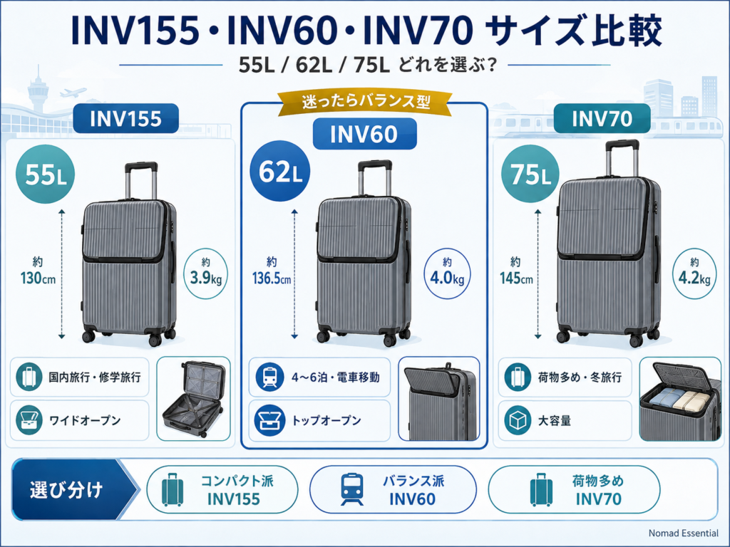 INV155 (55L)・INV60 (62L)・INV70 (75L) のサイズ比較