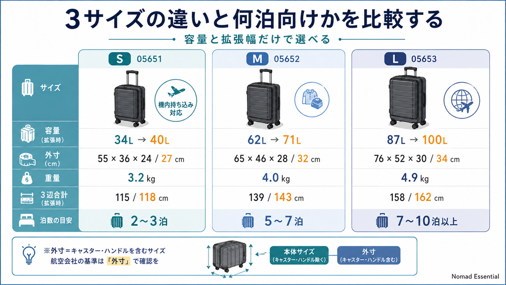 3サイズの違いと何泊向けかを比較する