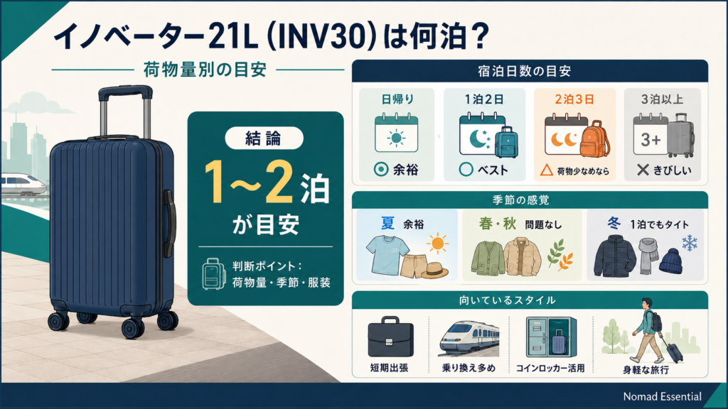 イノベーター21L (INV30) は何泊できる? 荷物量別の目安