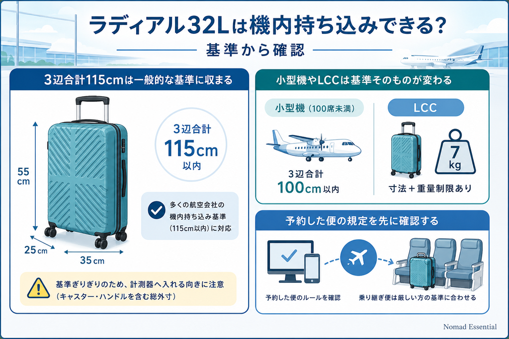 ラディアル32Lは機内持ち込みできる? 基準から確認