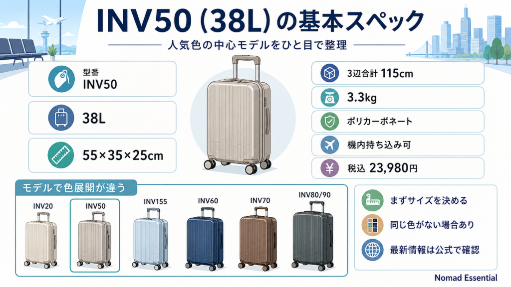 人気色の中心モデル INV50 (38L) の基本スペック