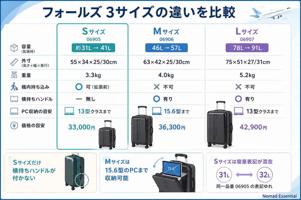 フォールズ3サイズの違いを比較する