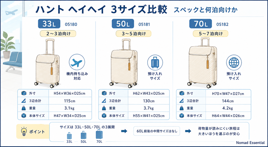 3サイズのスペックと何泊向けかを比較