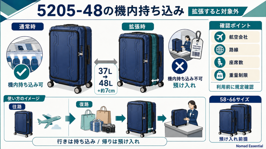 5205-48の機内持ち込み — 拡張すると条件から外れる