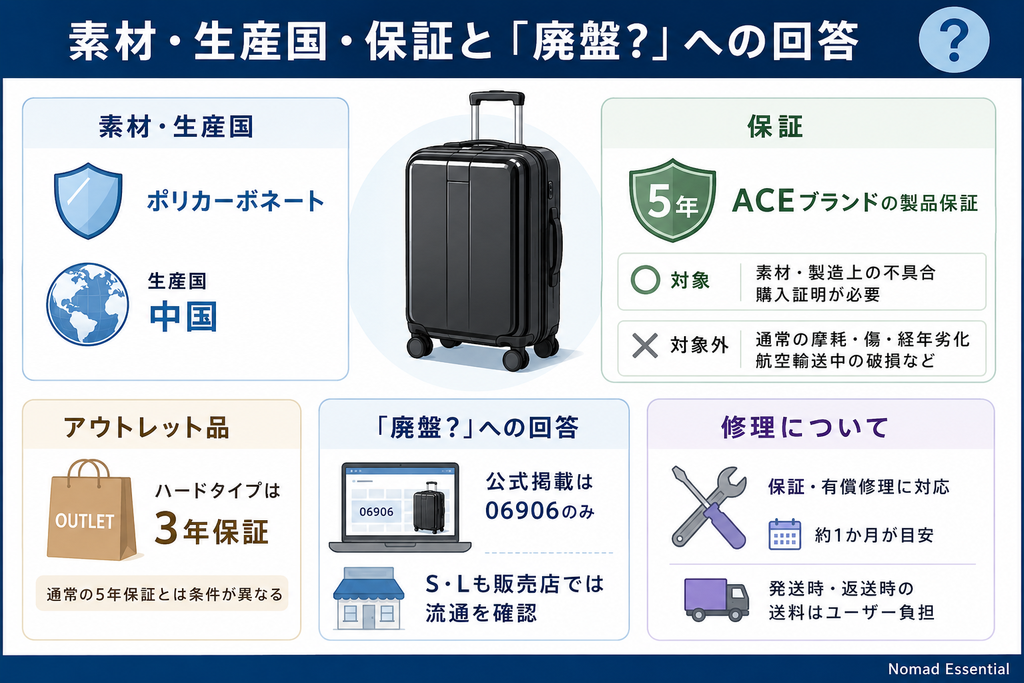 素材・生産国・保証と「廃盤?」への回答
