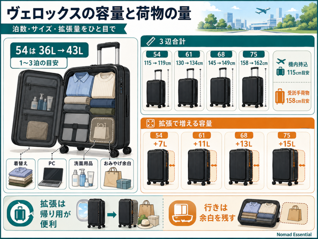 ヴェロックスの容量と荷物の量