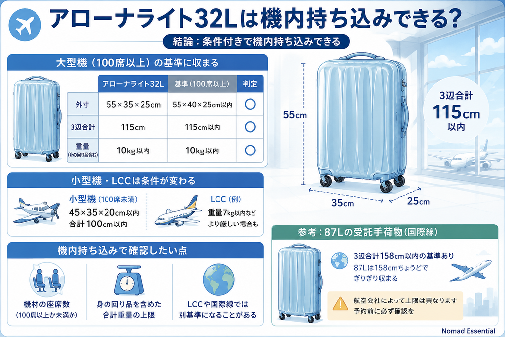 アローナライト32Lは機内持ち込みできる?