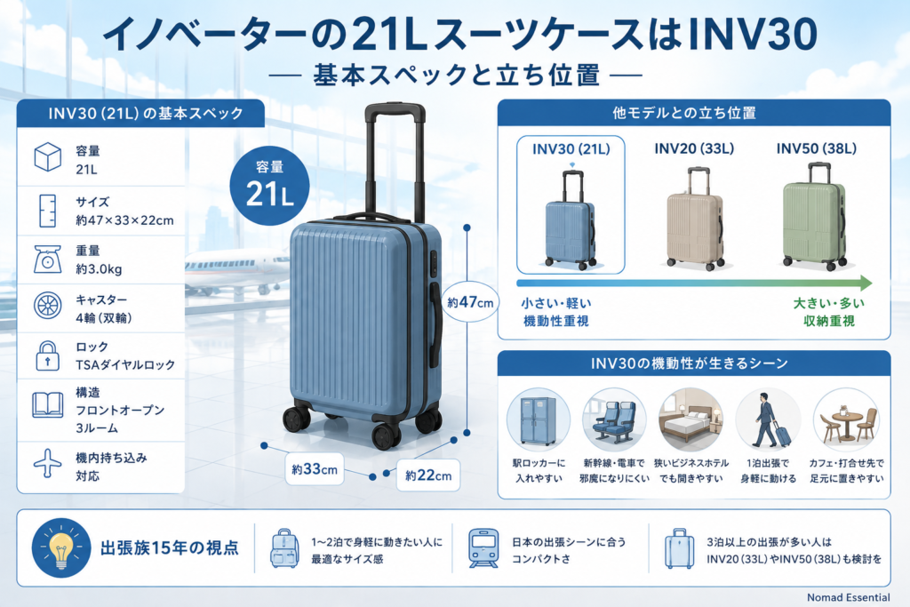 イノベーターの21LスーツケースはINV30 — 基本スペックと立ち位置