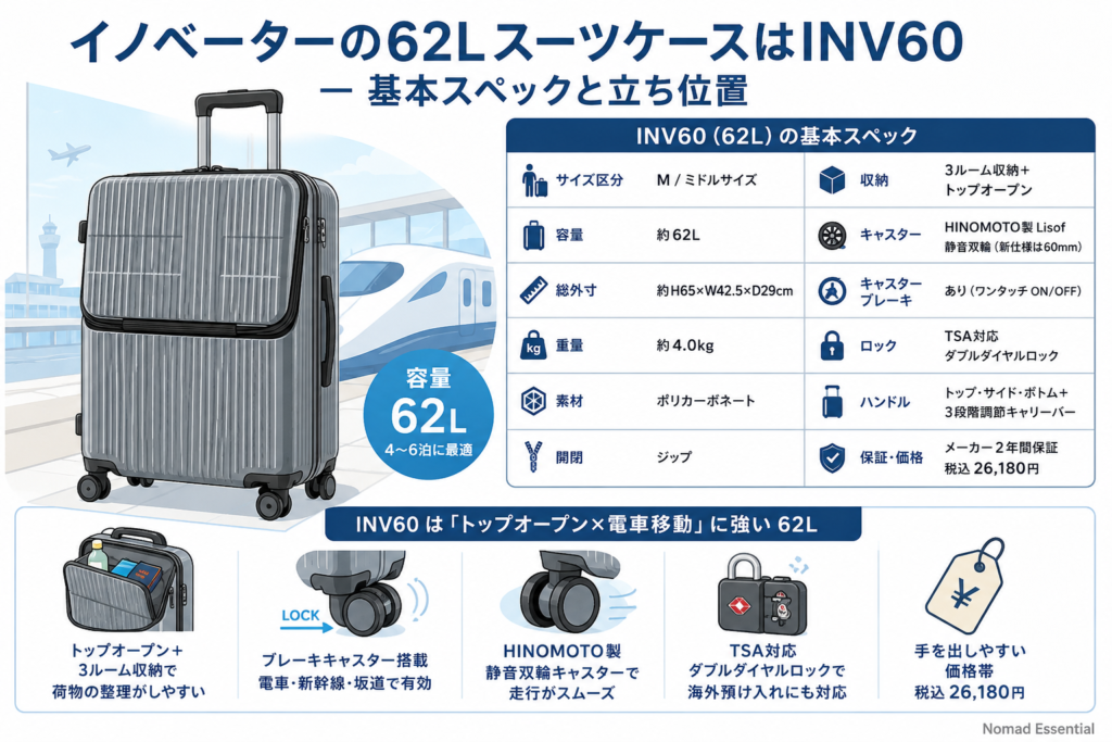 イノベーターの62LスーツケースはINV60 — 基本スペックと立ち位置