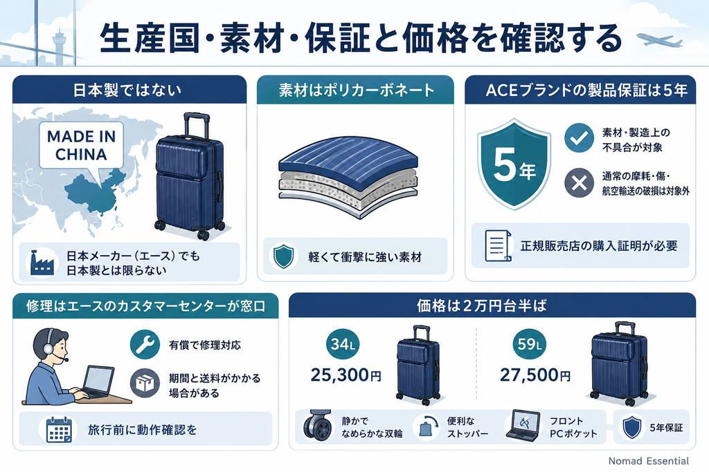 生産国・素材・保証と価格を確認する
