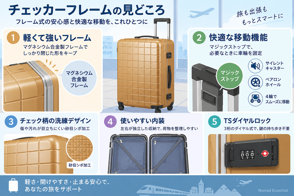 チェッカーフレームの見どころは軽量フレームと移動機能