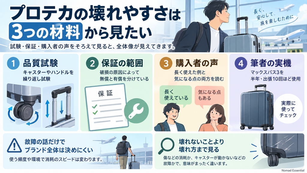 プロテカの壊れやすさは3つのポイントから確認