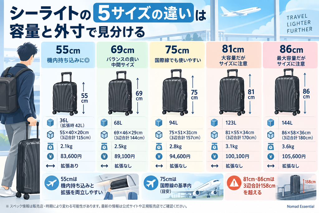 5サイズの違いは容量と外寸で見分ける