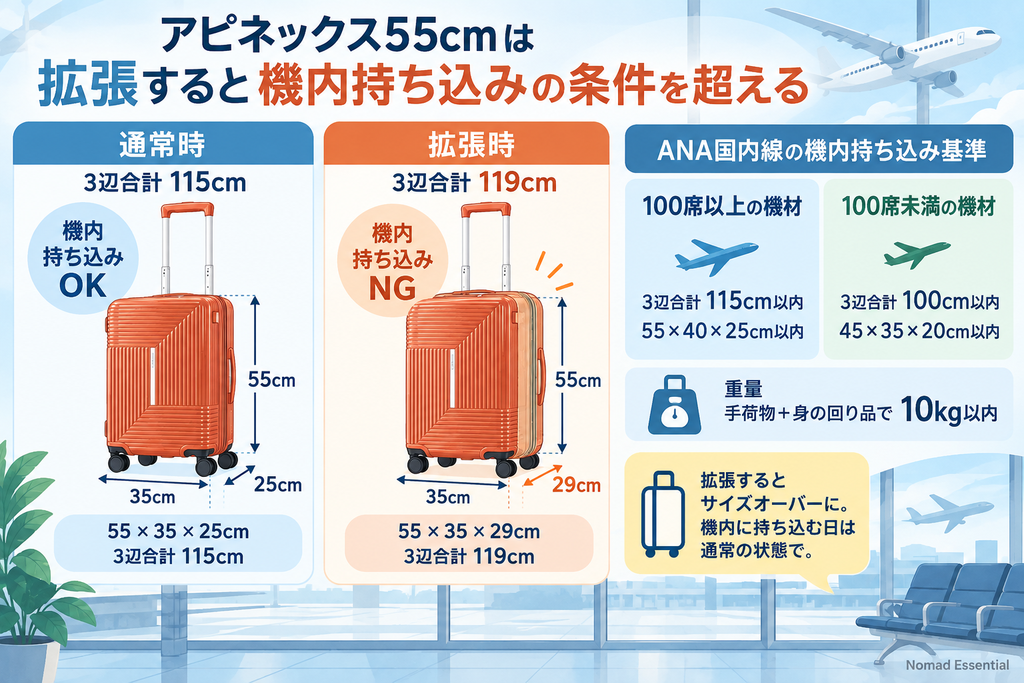 55cmは拡張すると機内持ち込みできないので注意