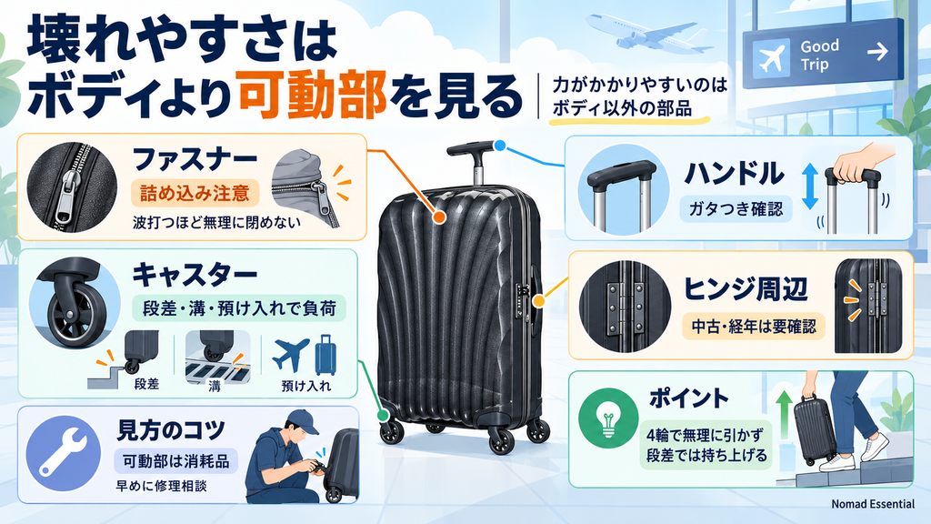 力がかかりやすいのはボディ以外の部品