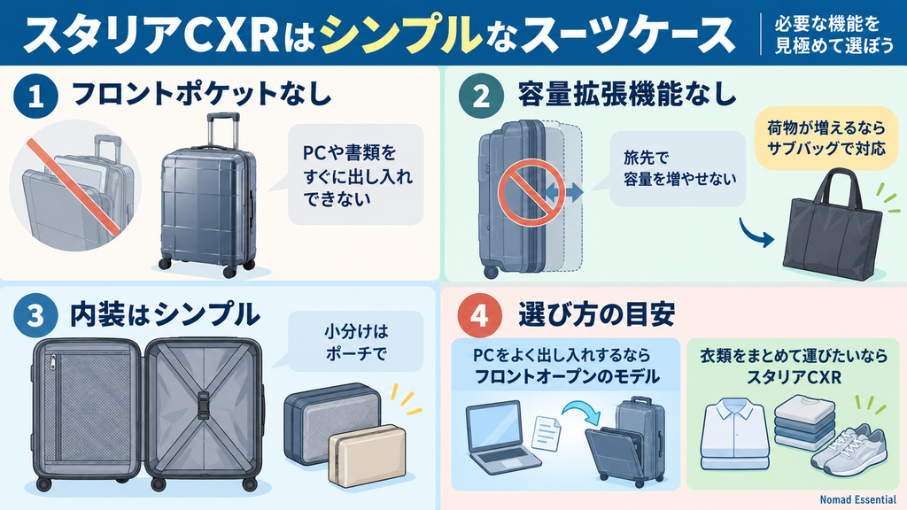 フロントポケットも容量拡張もないシンプルな設計