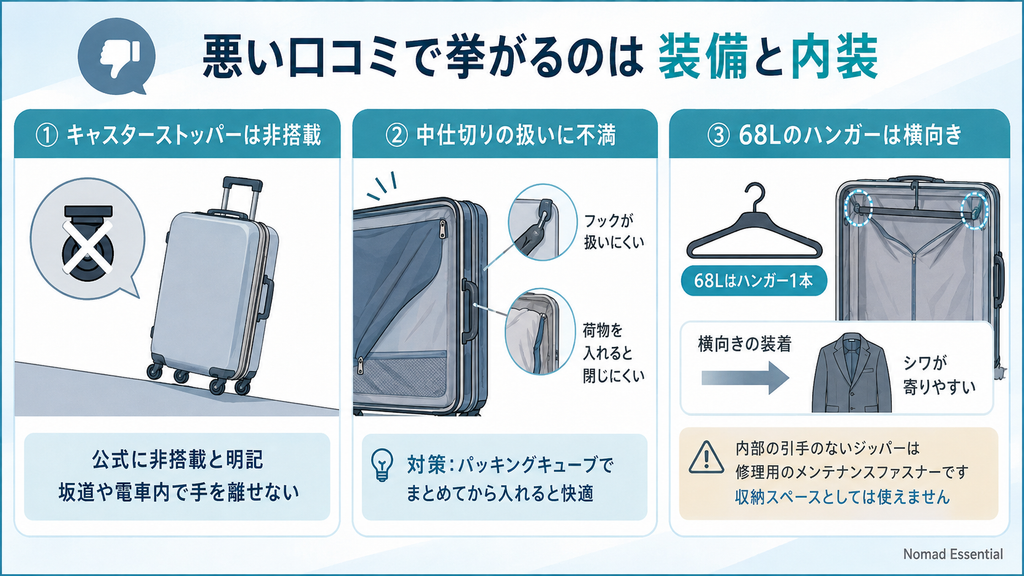 悪い口コミで挙がるのは装備と内装