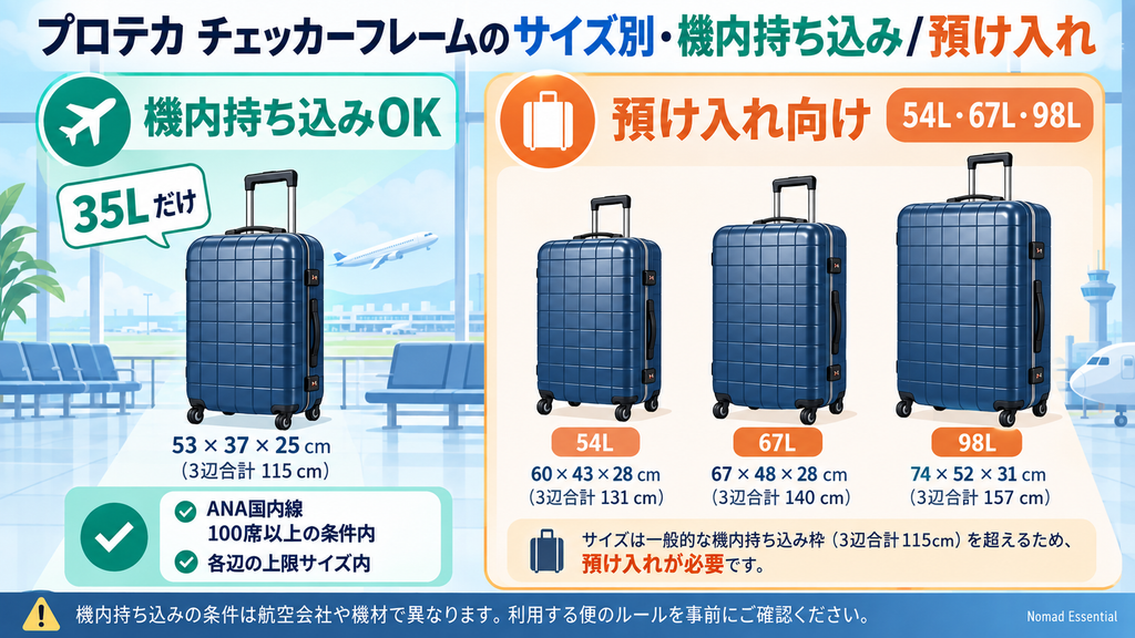 35Lだけが機内持ち込みで残る3サイズは預け入れ向け