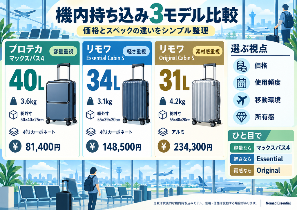 価格とスペックは代表的な機内持ち込みモデルで差が出る