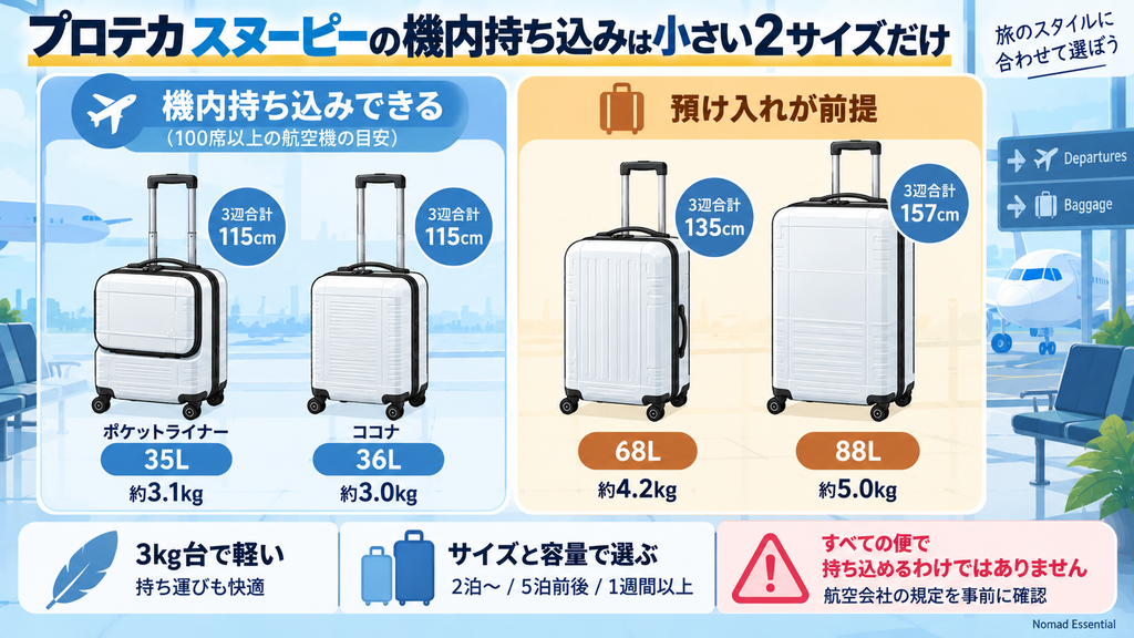 機内に持ち込めるのは小さい2サイズだけ