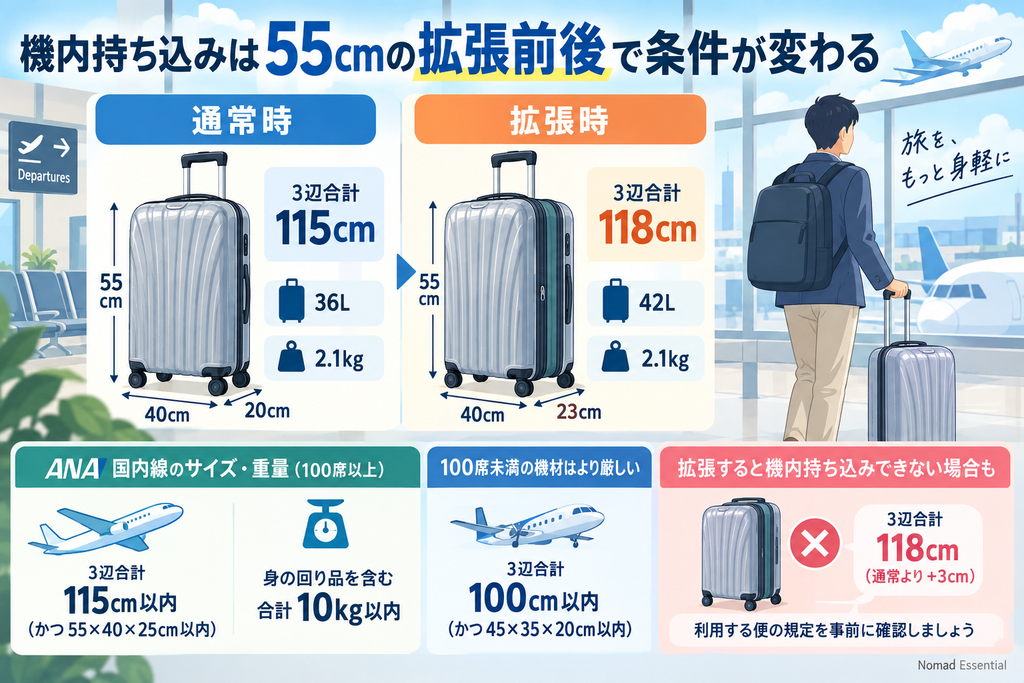 機内持ち込みは55cmの拡張前後で条件が変わる