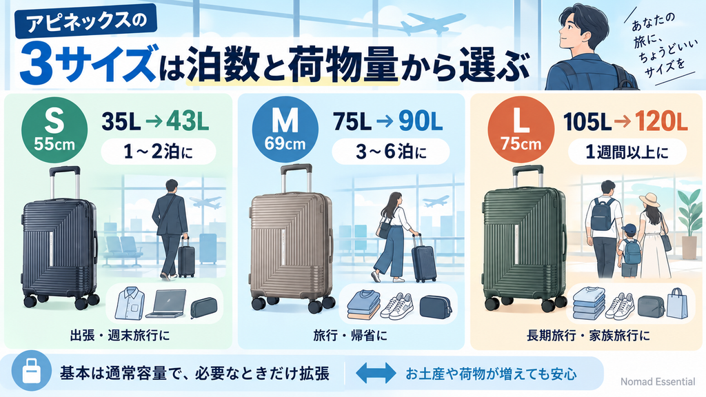 3サイズは泊数と荷物量から選ぶ